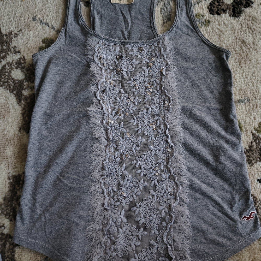 Gray Lace Embellished Tank Top